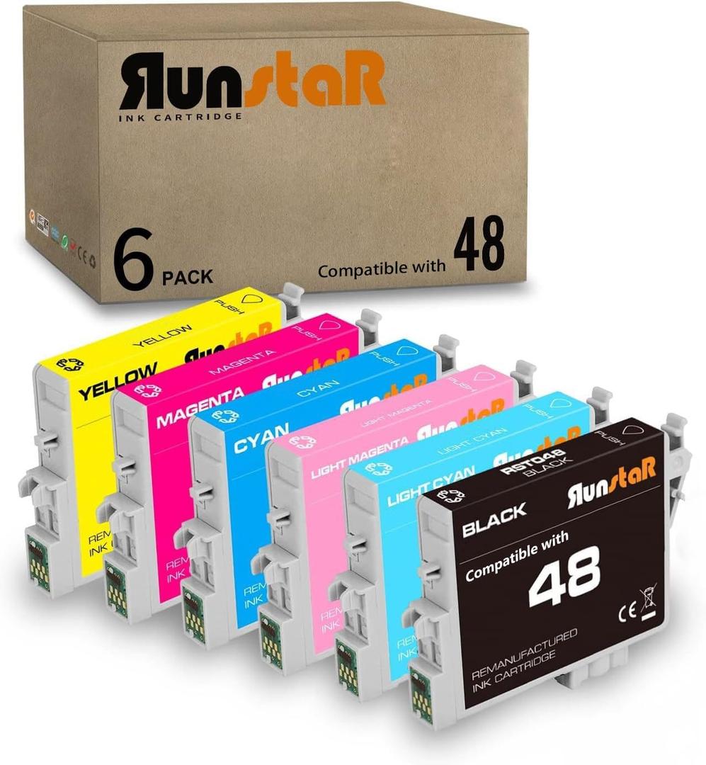 Run Star 6 Pack Remanufactured for T048 Ink Cartridge Replacement for Epson 48 T048 use for Epson Stylus Photo R200 R220 R300 R300M R320 R340 RX500 RX600 RX620 Printer (BK/C/M/Y/LC/LM)