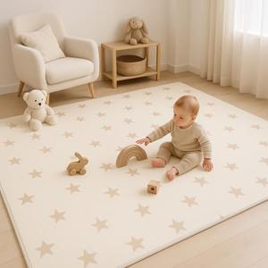 Bubba Bear Baby Play Mat, Thick Foam with Pattern Design, Foldable Waterproof Padded Crawling Mat for Babies (Beige Stars, 79 x 59 Inches)