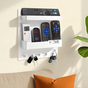 Bedside Organizer Remote Holder - Wall Mount Storage for Phone, Glasses & Essentials with 5 Hooks (White)