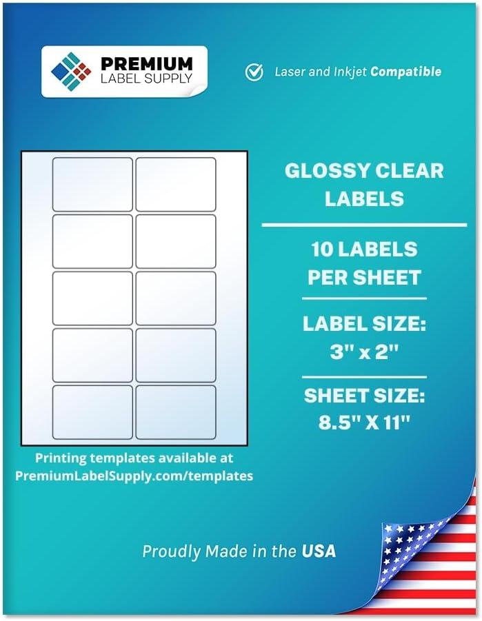 Premium Label Supply Glossy Clear Sticker Labels – 3" x 2" – Laser/Inkjet Compatible – (10 per Sheet), 25 Sheets – 250 Total Adhesive Labels