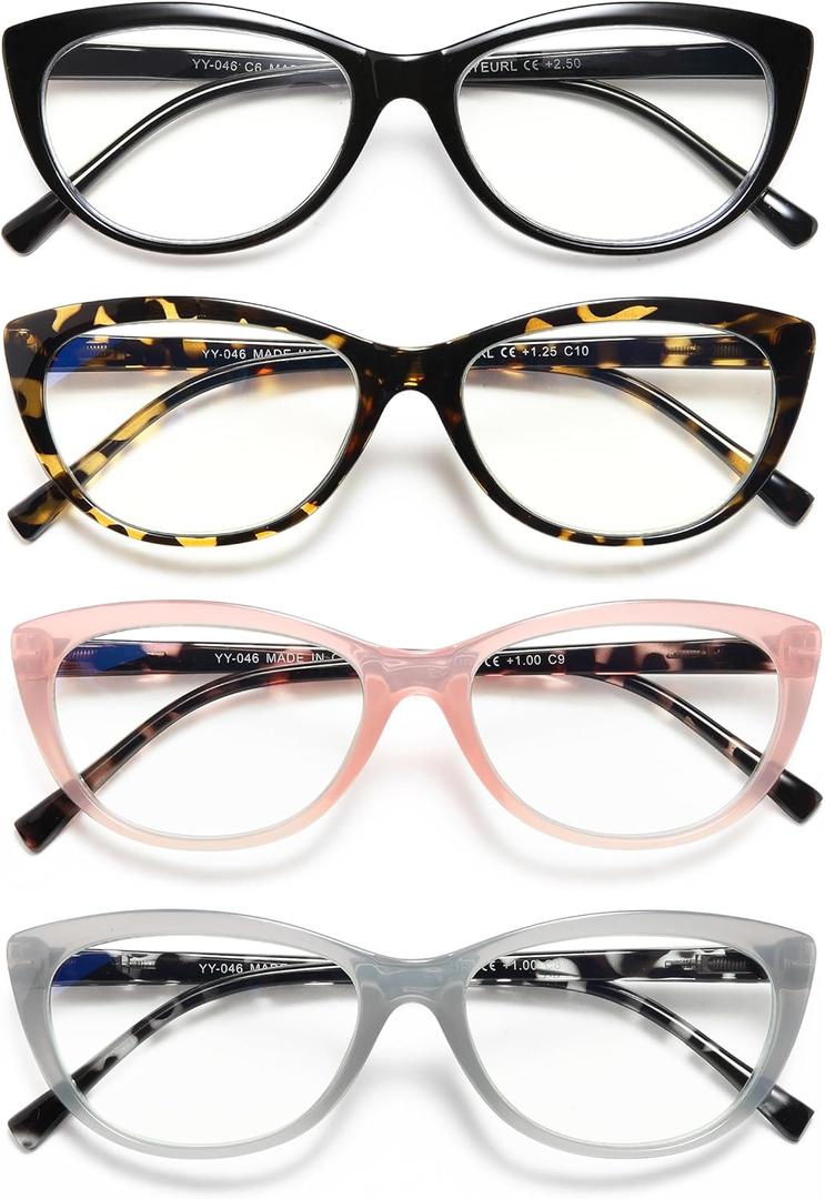 EYEURL 4 Pack Cat Eye Reading Glasses for Women, Blue Light Blocking Readers Lightweight Spring Hinge Anti Eyestrain UV Fashion Eyeglasses +2.50 (Black/Gary/Pink/Tortoise)