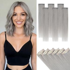 Hairro 6pcs Clip In Short Human Hair Extensions, Single Clip Design 100% Real Hair with Lace Weft, Seamless Thin Hairpieces Add Highlights, 10 Inch Short 31g #G1 Grey