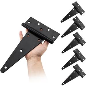 HOME MASTER HARDWARE 10 Inch T-Strap Heavy Duty Shed Door Hinges - Black, for Outdoor Barns and Wooden Fences, 6 Pack with Screws