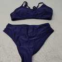 SOLY HUX Bathing Suit for Women Spaghetti Strap V Neck Ruched Bikini Sets Two Piece Swimsuit (Small, Plain Dark Blue)