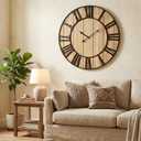 EMAX HOME Large Farmhouse Wall Clock 24 Inch Vintage Brown Wooden Wall Clock with Quiet Ticking and Minimalist Roman Numerals for Bedroom Living Room Office Kitchen Home Decor, Battery Operated