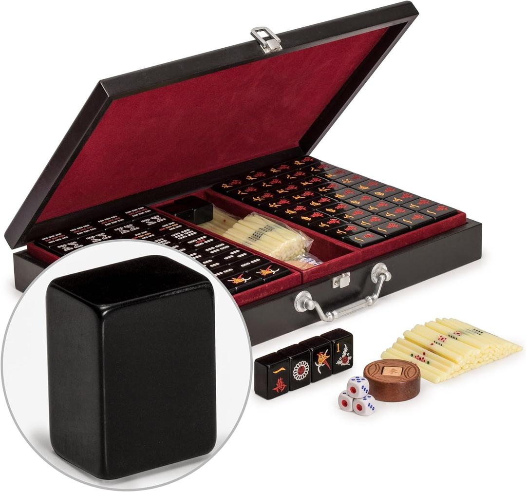 Yellow Mountain Imports Chinese Mahjong Game Set, Jet Set - with 148 Small-Size Black Tiles and Wooden Case, Wooden Spinner, Dice, and Scoring Sticks (for Chinese Style Game Play)