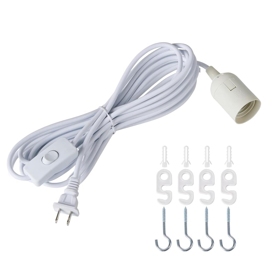 20ft Pendant Light Cord, with E26 Socket Pendant Light Kit, Hanging Light Cord, Socket On Off Inline Cord Switch Control Lamp, for Kitchen Bedroom Plant Growth Light, White, 1-Pack
