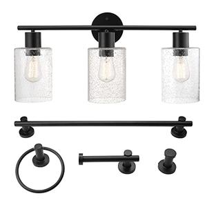 Globe Electric 51851 Bristol 5-Piece All-in-One Bathroom Set, Matte Black, 3-Light Vanity Light with Seeded Glass Shades, Towel Bar, Towel Ring, Robe Hook, Toilet Paper Holder