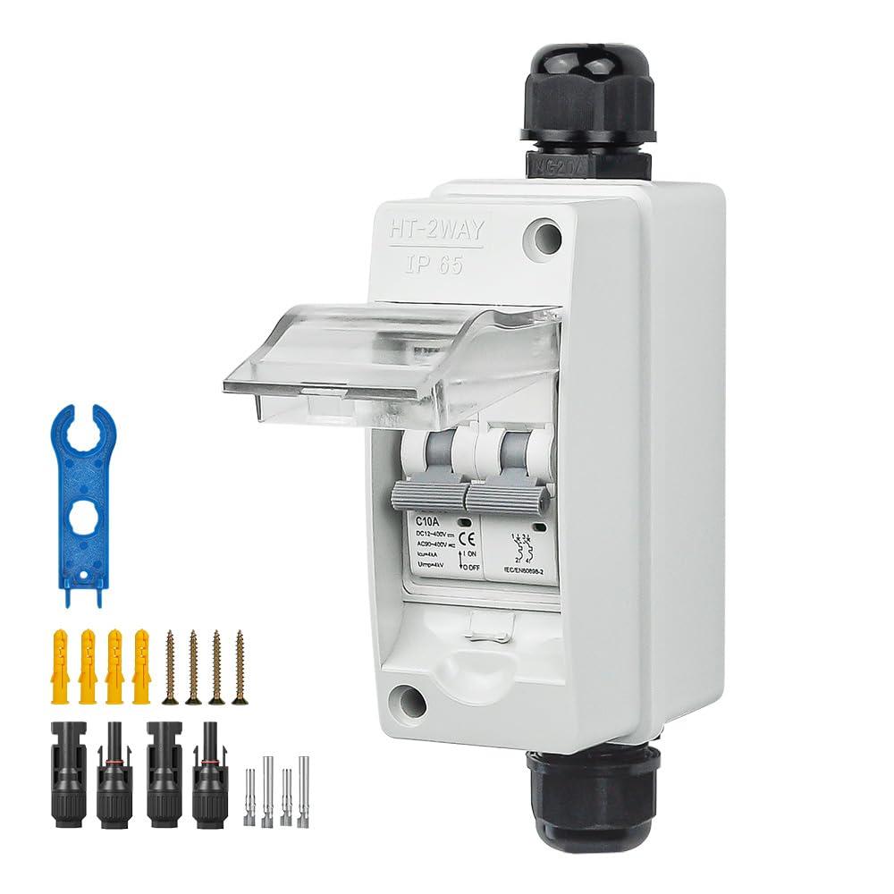 Solar Panel Disconnect Switch 50A 550V Solar Shut Off Switch 2 Poles Outdoor DC Miniature Circuit Breaker Box, IP65 Waterproof UV-Proof for Solar PV Home (50 Amp)