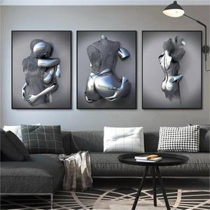 Set of 3 Love Heart 3D Effect Wall Art, Abstract Metal Figure Sculpture Canvas Painting Hanging, Romantic Couple Living Room Canvas Wall Art, Modern Painting (No frame, 60 * 90cm)