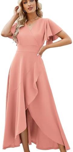 Formal Dresses for Women Gowns Evening Party Cocktail Dress,Split Elegant V Neck Wrap Ruffle Wedding Guest Dresses, Size XL