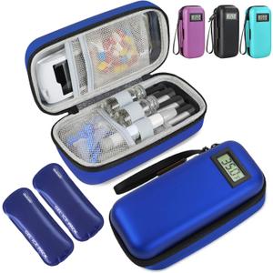 Insulin Cooler Travel Case, Portable Temperature Display Medicine Travel Cooler, Diabetes Case with 2 Reusable Ice Packs TSA Approved for Diabetic Supplies Patent Pending (Blue)
