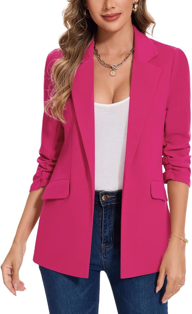 MINTLIMIT Blazer for Women Open Front 3/4 Ruched Sleeve Suit Jacket Notched Collar Casual Work Office Blazers with Pockets (Large, Hot Pink)