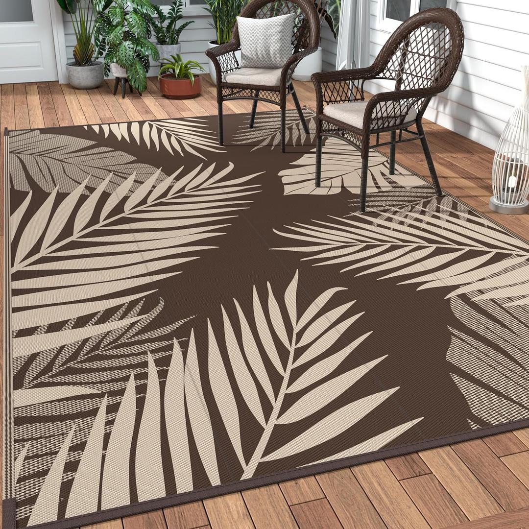 GENIMO Outdoor Rug 9' x 12' Waterproof for Patios Clearance, Reversible Outdoor Plastic Straw Camping Rug Carpet, Large Area Rugs Mats for RV, Camper, Deck, Balcony, Porch, Beach, Picnic, Coffee&Beige