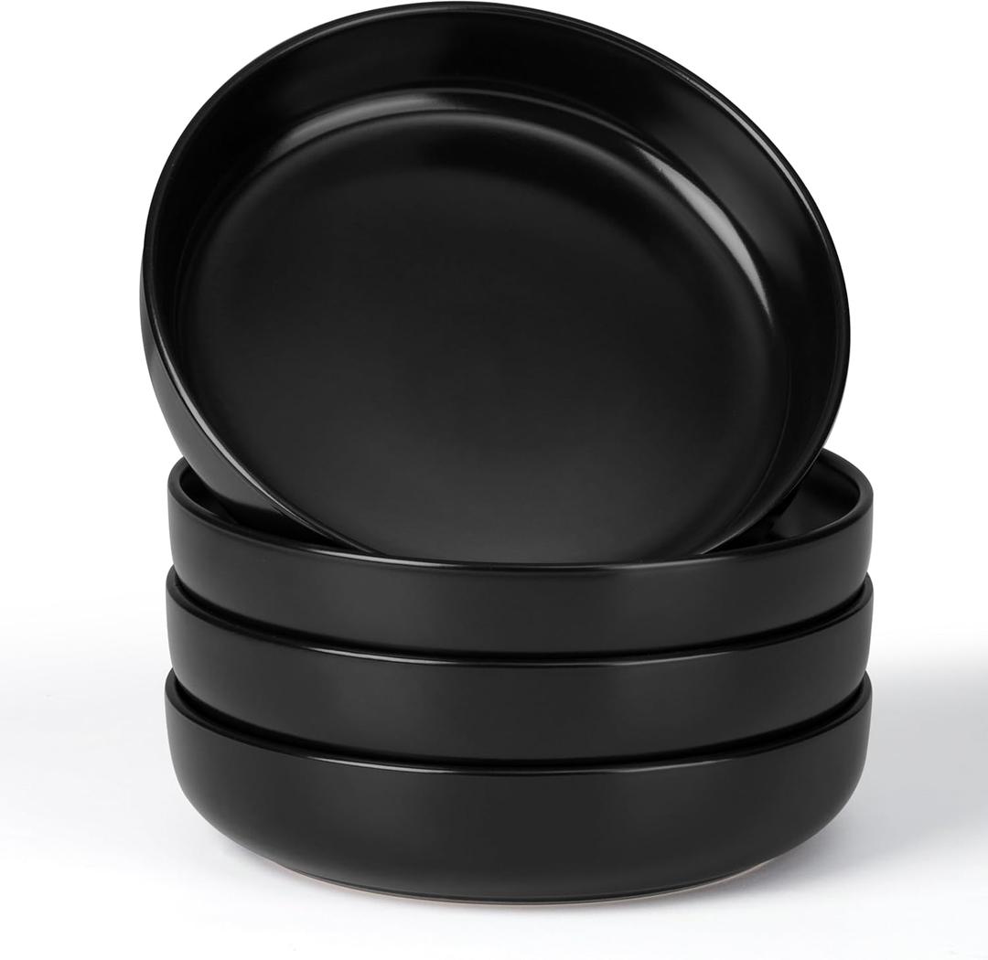 E-far Pasta Bowls Set of 4-35oz Ceramic Large Serving Salad Bowls, Wide & Shallow Stoneware Pasta Plates for Salad, Soup, Dinner| Dishwasher & Microwave Safe | Matte Black