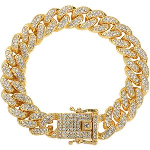 Chain Dog Collar, Bling Diamond Cuban Link Dog Collars Glitter Chain Rhinestone Puppy Necklace for for Small Medium Large Pet Dogs (Gold, 14 inch)