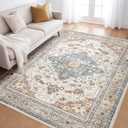 5x7 Area Rugs Living Room: Washable Boho Large Neutral Vintage Soft Rug Stain Resistant Distressed Farmhouse Non-Slip Indoor Floor Carpet for Bedroom Nursery Kids Office Dining Room- Beige Blue
