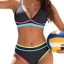 Blooming Jelly Women's Cheeky Bikini Sets Color Block Two Piece Swimsuit Crisscross Back Sporty Bathing Suits Curvy Swim Suit (Medium, Black)