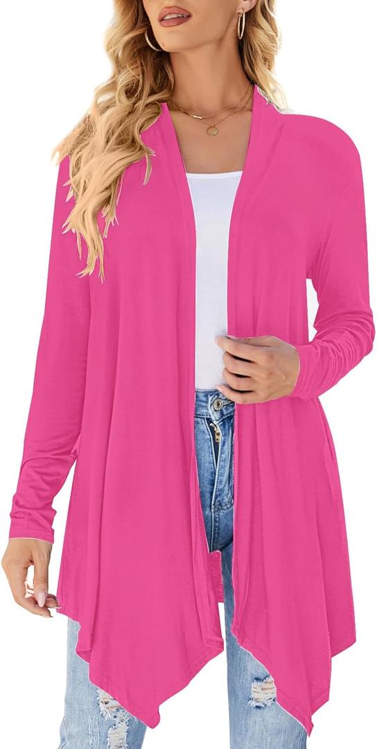 Uvog Women's Draped Front Open Cardigan Casual Long Sleeve Lightweight Cardigans Sweaters Duster (Pink, L)