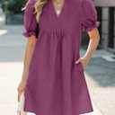 Wenrine Womens Summer Puff Short Sleeve Mini Dress Textured Casual Loose V Neck Ruffle Babydoll Dresses (Purple)