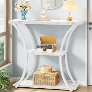 Hoctieon 3 Tier Console Table with Open Wood Shelves, Decorative Entryway Table with Curved Metal Frames, Narrow Sofa Table for Entrance, Living Room, Hallway, White Marbled, 31.5" X 11.8" X 31.5"