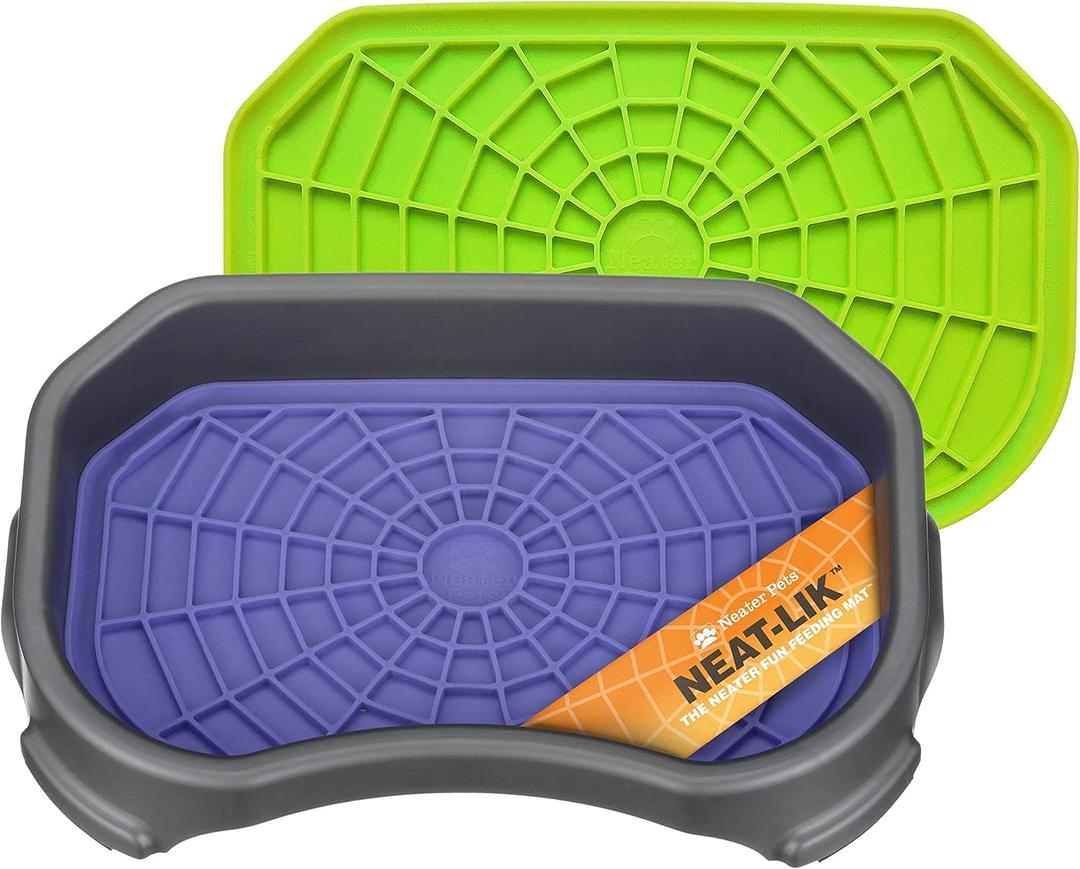 Neater Pets Neat-LIK Dog Lick Mat w/Mess-Proof Tray, Lick Mat for Dogs, Cats, Puppy, Reduces Anxiety & Boredom, Peanut Butter Slow Feeder, Interactive Treat Licking Pad (Purple & Green/Gunmetal)