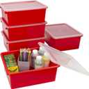 Storex Letter Size Deep Storage Tray – Organizer Bin with Non-Snap Lid for Classroom, Office and Home, Red, 5-Pack (62545A05C)