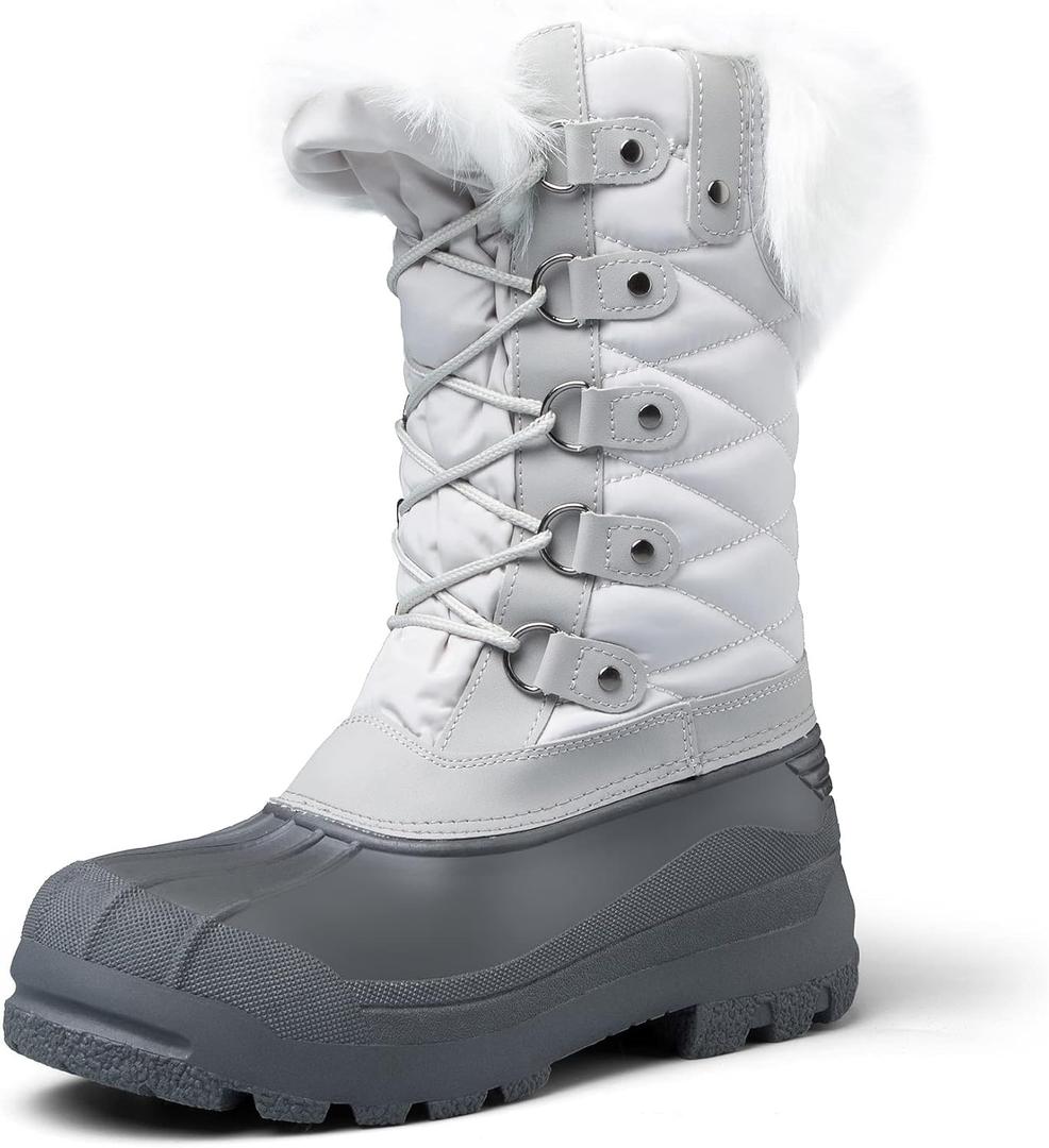 mysoft Women's Snow Boots Warm Insulated Faux Fur Lined Waterproof Mid-Calf Winter Boots (7, White)