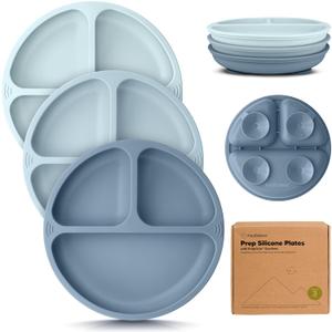 KeaBabies Suction Plates for Baby, Toddler  3Pack 100% Silicone Toddler Plates with Suction, Divided, BPAFree Baby Led Weaning Essentials for Kids, Dishwasher, Microwave Safe, Durable (Alps)
