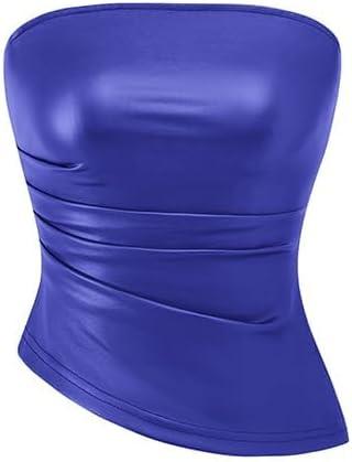 PRETTYGARDEN Women's Faux Leather Tube Tops 2025 Summer Strapless Asymmetrical Ruched Bandeau Shirts Going Out Club Outfits (XL)