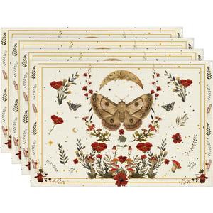 Artoid Mode Beige Poppy Moth Moon Placemats Set of 4, 12x18 Inch Floral Spring Table Mats for Outdoor Home Party Kitchen Dining Decor 