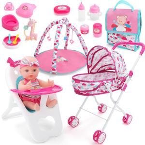 deAO Baby Doll Stroller Set With Nursery Accessories - High Chair, Play Mat, Travel Bag and Feeding Toys for Role Play, Gift for Girls