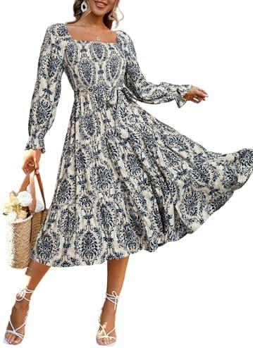 Simplee Womens Long Sleeve Maxi Dress Casual Square Neck Smocked Flowy Fall Wedding Guest Dresses, Small