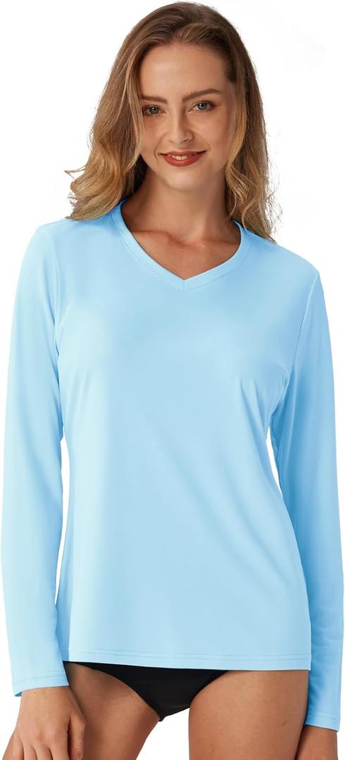 Women's Standard V-Neck UPF 50+ Long Sleeve Swim Rash Guard Shirt Quick Dry Lightweight Moisture Wicking (Blue, S)