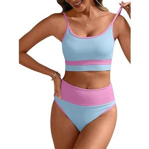 ANRABESS Women High Waisted Bikini Sets Color Block Summer Beach Vacation 2 Piece Bathing Suit Tummy Control Ribbed Swimsuit (Blue Pink, L)