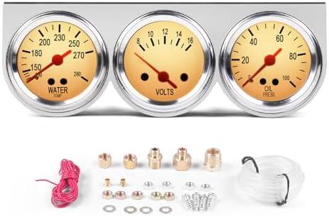 2'' 52mm 3in1 Triple Gauge Set Gauges Kit Universal Chrome 8V-16V Volt Gauge,100-280℉ Water Temp Temperature Gauge, 0-100 PSI Oil Pressure Gauge Meter