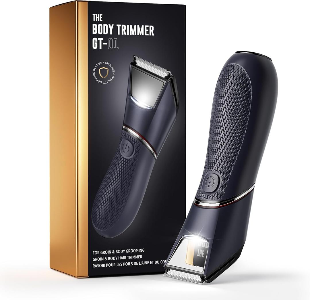 Body Hair Trimmer for Men: Pubic Hair Trimmer with Mirror & LED Light - Electric Ball Shavers with Ceramic Blades & Travel Lock - Body Groomer IPX7 Waterproof Wet/Dry Use for Groin/Chest/Legs