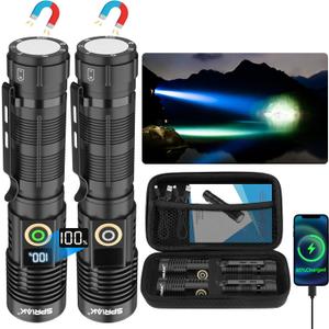 Rechargeable Flashlight High Lumens- Super Bright Magnetic Flash Light with Power Digital Display, Long Range,Dimmable,Waterproof,Pocket Tactical LED Flashlights for Emergency Camping 2PC (Black)