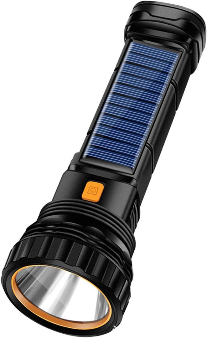 Solar/Rechargeable Multi Function 1000 Lumens LED Flashlight, with Emergency Strobe Light, Emergency Power Supply and USB Charging Cable, Fast Charging (1PC) (Black)