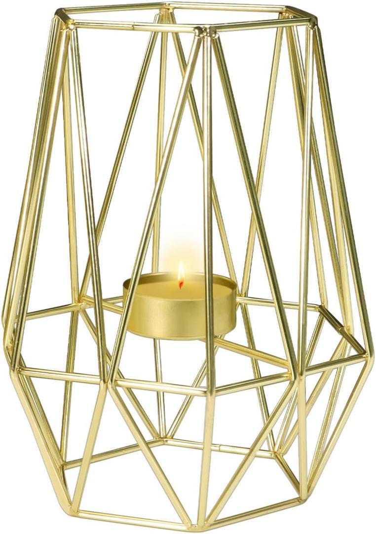 1Pc Gold Geometric Tealight Votive Candle Holder, Metal Hollow Tea Light Candle Holders, Candle Stand for Wedding Christmas Table Centerpiece Vintage Decor, Large