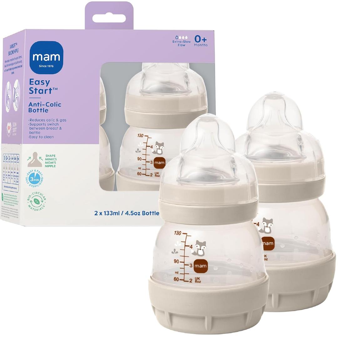 MAM 4.5oz Easy Start Anti-Colic Wide Neck Vented Baby Bottle, Extra Slow Flow Breastfeeding-Like Silicone Nipple, Reduces Colic, Gas & Reflux, Easy to Clean, BPA Free, 0+ Months, Made in Europe
