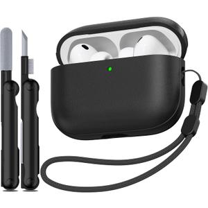 for AirPods Pro 3 Case (2025), TNSNK Leather Texture Full-Body Protective Airpods Pro 3rd Generation Case Cover with Lanyard & Cleaner Kit, Wireless Charging Support, Front LED Visible (Black)