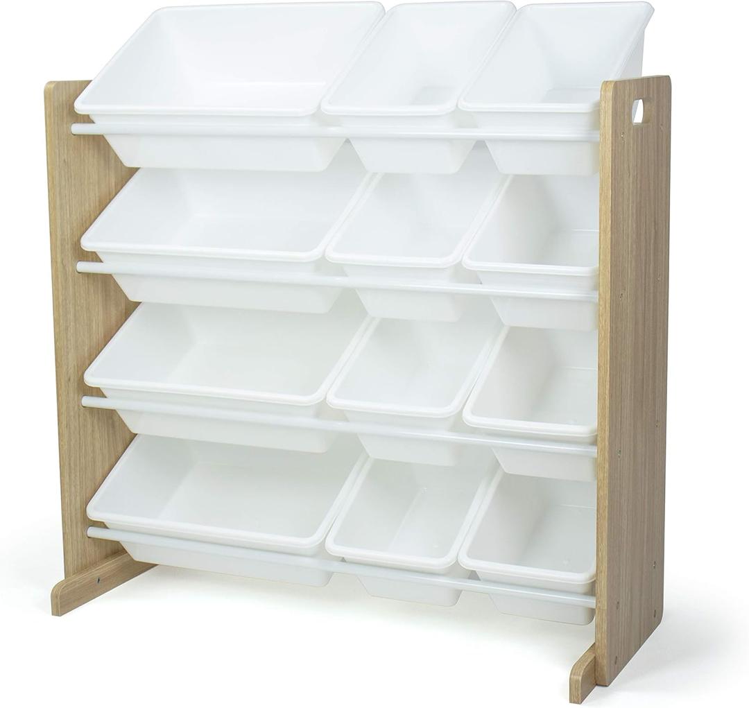 Humble Crew Kids Toy Storage Organizer with 12 Plastic Bins, Natural Wood/White  Removable Bins for Playroom, Bedroom, Toddler Furniture for Boys and Girls Ages