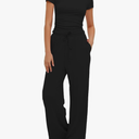Darong Women's 2 Piece Set Summer Outfits Lounge Sets Ruched Short Sleeve Tops High Waisted Wide Leg Pants Tracksuit Sets Size L
