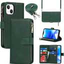 Jaorty for iPhone 13/14 Phone Case Wallet for Women Men with Card Holder,for iPhone 14/13 Crossbody Case with Strap Shoulder Lanyard, Zipper Pocket PU Leather Cases,6.1 Inch Dark Green