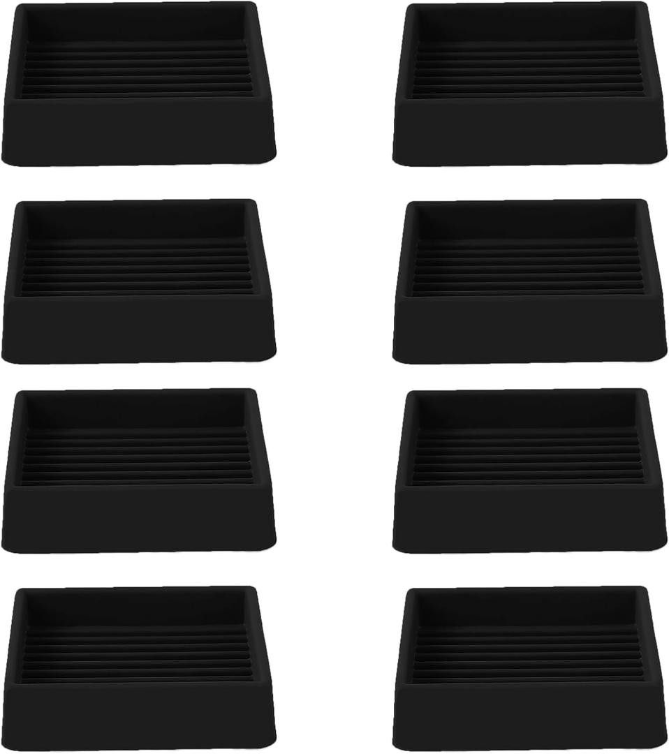 2x2 Square Rubber Furniture Caster Cups, Anti-Sliding Furniture Pads Bed Stopper Floor Protectors with Grip - Protect Any Flooring (8 Pcs Black)