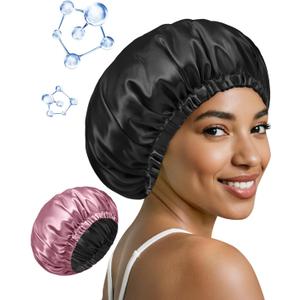 2 x BONNET QUEEN Silk Bonnet for Sleeping Hyaluronic Acid Satin Bonnet, Double Layer Hair Wrap for Curly Hair Women Sleep Cap (Black & Rosegold)