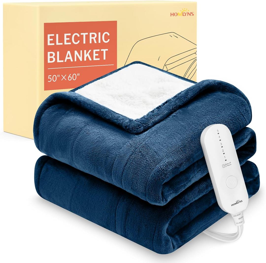 HOMLYNS LuxeHeat Heated Blanket Electric Blanket, Soft Flannel Sherpa Heated Throw, Heating Blanket with 5 Heat Settings, 3 hrs Timer Auto Shut Off (50x60 inches, Navy)
