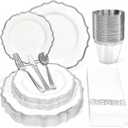 175 Plastic Dinnerware Set,Silver Disposable Dinnerware Set for 25 Guests Include 50 Plastic Plates,25 Silverware Set,25 Cups and 25 Napkins for Christmas,Party,Wedding,Thanksgiving