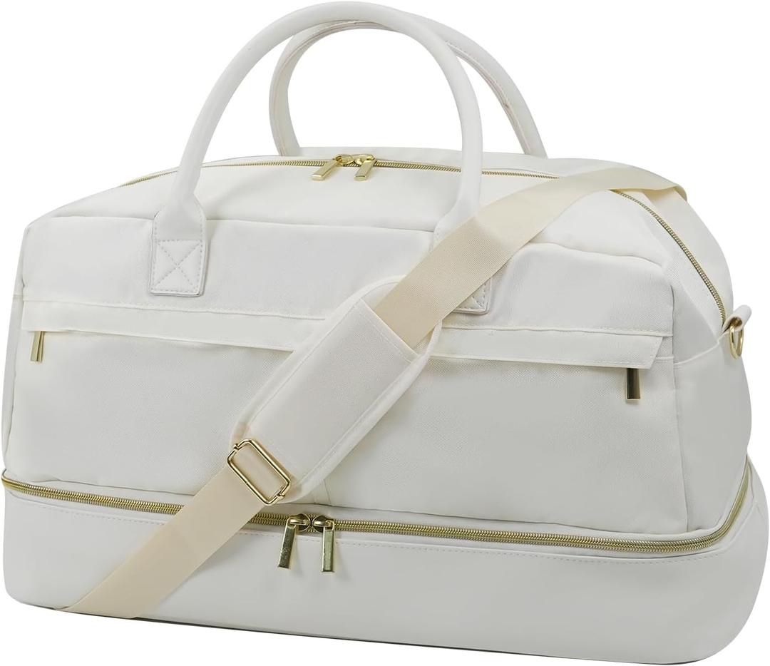 Travel Duffle Bag for Women, Weekender Bag with Shoe Compartment, Carry-On Personal Item, Nylon Gym Tote with Trolley Sleeve, Detachable Adjustable Shoulder Strap, Overnight Travel Tote Bag (White)